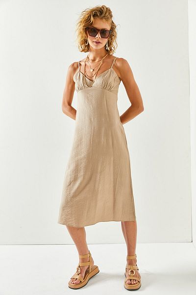 Olalook Women's Stone Strap A-Line Cut Linen Ayrobin Midi Dress ELB-19001944