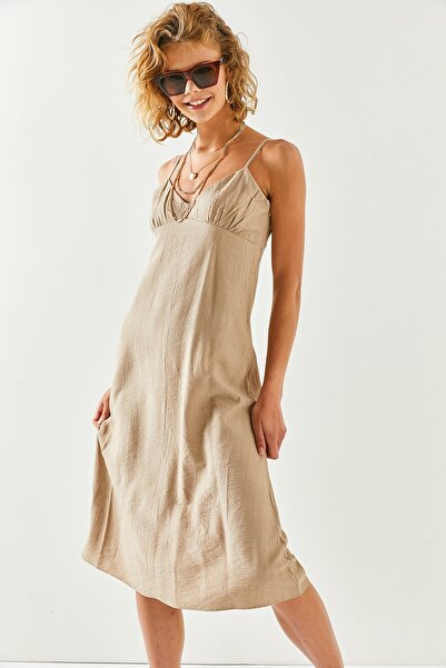 Olalook Women's Stone Strap A-Line Cut Linen Ayrobin Midi Dress ELB-19001944