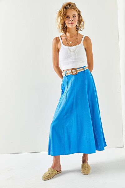 Olalook Women's Blue Belted Linen Mixed Bell Skirt ETK-19000251
