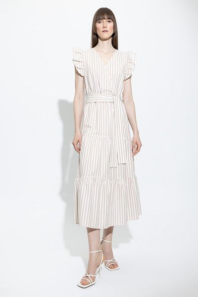 DeFacto Wrap Collar Striped Linen Look Midi Short Sleeve Dress A6460ax23sm