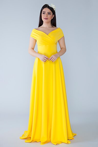 NO48 فستان سهرة طويل من القماش المنسوج ذو الصدر المزدوج باللون الأصفر