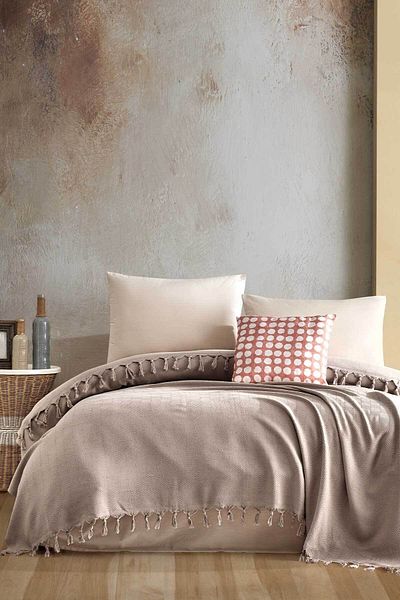 Elart Fringed Cotton Pique Double Loris Beige (200x230cm)