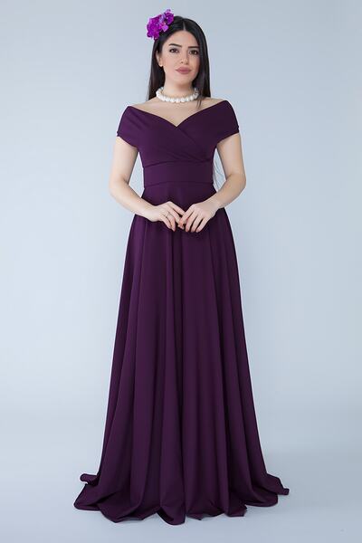 NO48 البرقوق قارب الرقبة مزدوجة الصدر المنسوجة رايات النسيج فستان سهرة طويل ا...