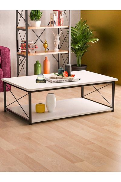 GOLDFALEZ Modern White Double-Deck Coffee Table | Contemporary Living Room Furniture | Two-Tier Design