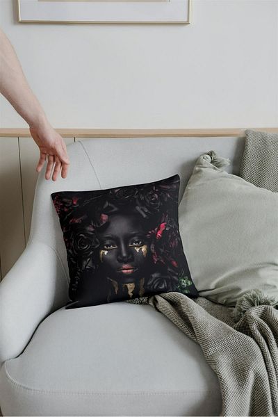 NT Handmade Zippered Single Black Women's Printed 42x42cm Cotton Woven Throw Pillow Case