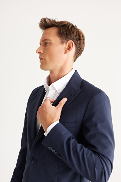 ALTINYILDIZ CLASSICS Erkek Lacivert Slim Fit Dar Kesim Kırlangıç Yaka Çizgili Takım Elbise