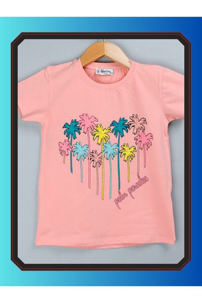 edoy Colorful and Fun Heart Shaped Palm Patterned Girl's T-Shirt Cotton