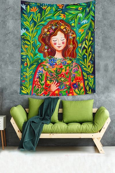 on the clouds Girl in Flowers Relax Mystic Stain Resistant Fabric Wall Cloth Wall Tapestry Tapestry