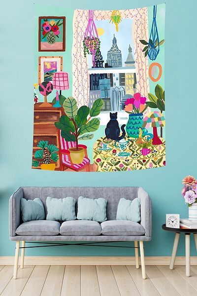 on the clouds Cat in the Window Bohemian Scandinavian Style Leaf Stain Resistant Fabric Wall Cloth Wall Carpet Tapestry