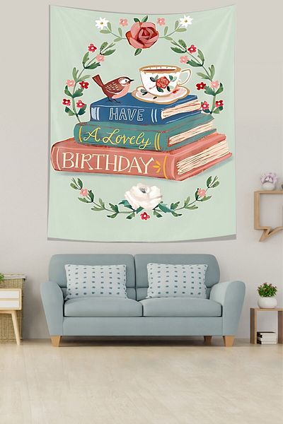 on the clouds Beautiful Birthday Written Books and Flower Theme Stain Resistant Fabric Wall Cloth Wall Carpet Tapestry
