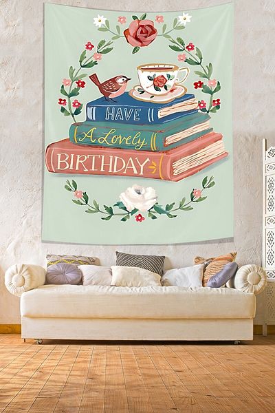 on the clouds Beautiful Birthday Written Books and Flower Theme Stain Resistant Fabric Wall Cloth Wall Carpet Tapestry