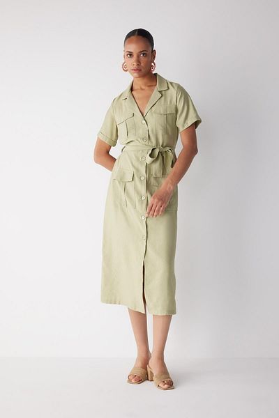 DeFacto Jackenkragen Basic Straight Belted Twill Kurzarm-Midikleid A9445ax23hs