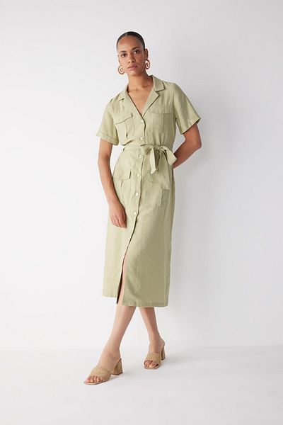 DeFacto Jackenkragen Basic Straight Belted Twill Kurzarm-Midikleid A9445ax23hs