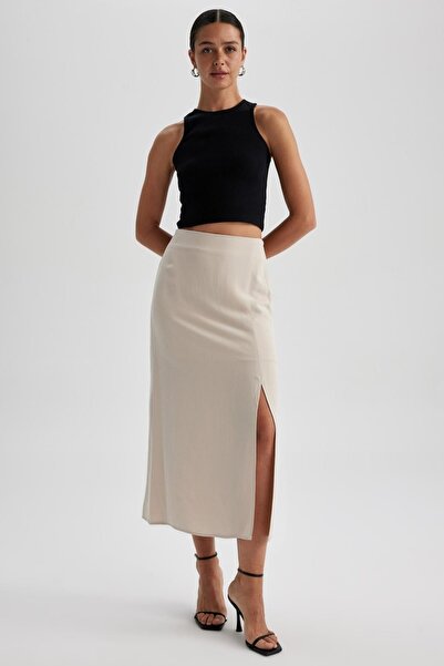 DeFacto Regular Waist Lined Slit Linen Blended Midi Skirt A9694ax23hs