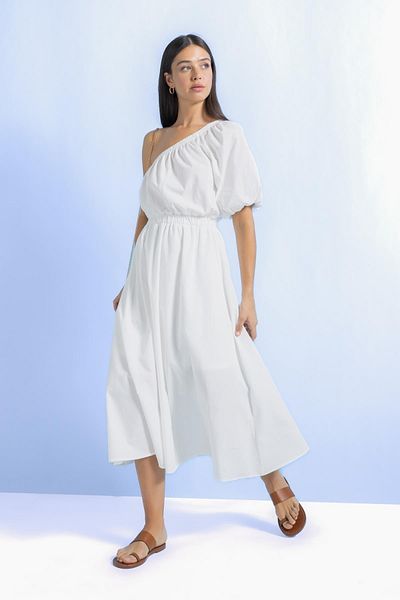 DeFacto Λευκό Ποπλίνα One Shoulder Midi Φόρεμα - Κοντομάνικο A9416ax23hs