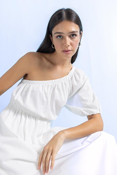 DeFacto Weißes One-Shoulder-Midikleid aus Popeline - Kurzarm A9416ax23hs