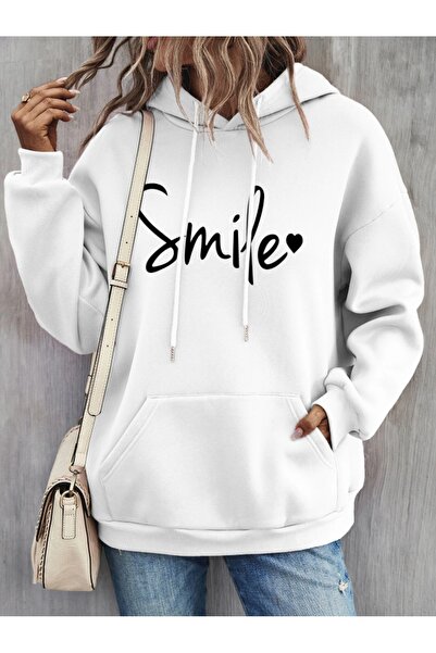 Keywest Büyük Beden Kadın Smile Baskılı Oversize 3 İplik Kapüşonlu Cepli Hoddie/Sweatshirt