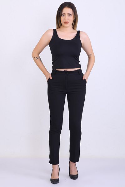 Canseven Fashion Women's High Waist Pencil Cut Leg Length Long Fabric Black Trousers