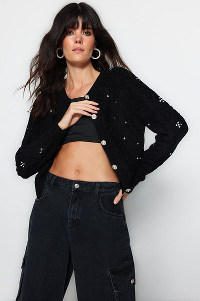 Trendyol Collection Pulover-cardigan negru cu două fețe tricotaj utilizabile TWOAW24KZ00144