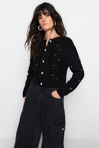 Trendyol Collection Pulover-cardigan negru cu două fețe tricotaj utilizabile TWOAW24KZ00144