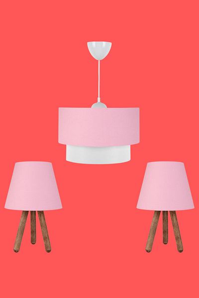 HOMİNG Artgift Triple Set - Pink Fabric, Wooden Leg, Headboard Bed and Children's Room Living Room