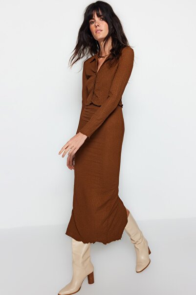 Trendyol Collection Καφέ Premium υφή κανονικό γιακά πόλο εύκαμπτο πλεκτό σετ μπλούζα και κάτω μέρος TWOAW24AU00074