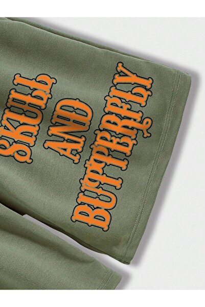 Machetta Khaki Color Skull and Butterfly Printed Comfortable Fit Combed Cotton Shorts - Casual Shorts