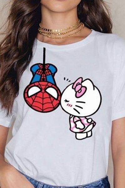 Köstebek Λευκό μπλουζάκι Hello Kitty and Spider-Man Kiss Unisex