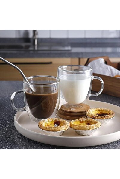 Lumindra 2 Adet Çift Cidarlı 250 ml Kulplu Cam Çay Kahve Süt Kupa Borosilikat...