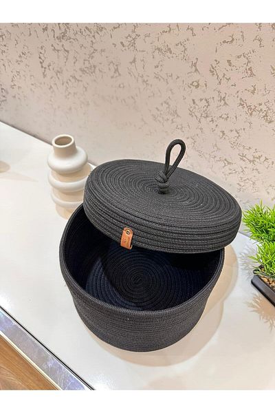 REYGON TEKSTİL BASKET WITH wicker jute lid, HANDWOVEN BASKET BATHROOM AND KITCHEN ORGANIZER DIAMETER 25- DEPTH 15