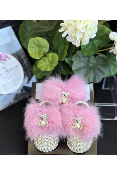 QUEEN AKSESUAR Lüks kristal taşlı incili tüylü pembe ayıcık tasarım kız bebek...