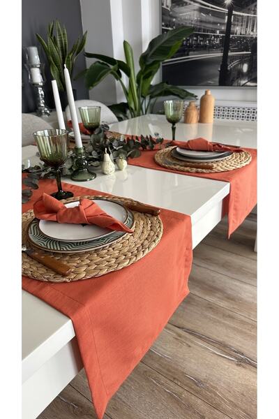 Decamor home Λινάρι με υφή Πλακάκι Κανέλα Κοντός δρομέας