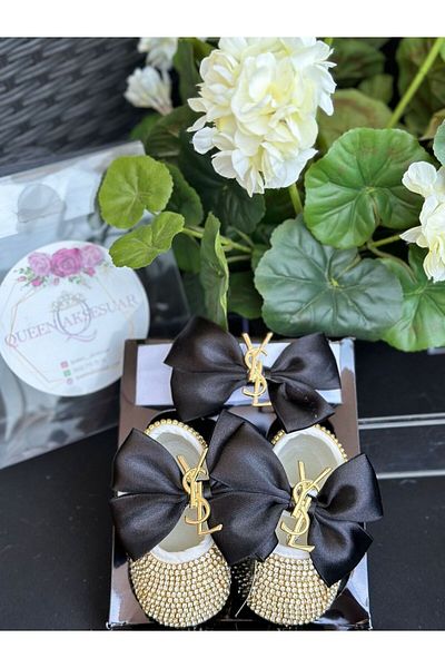 QUEEN AKSESUAR Luxury brand fashion brooch with crystal rhinestones black bow baby girl designer shoes booties hairband