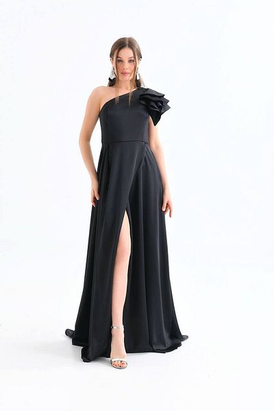 PODERİA BUTİK Satin One Shoulder Flared Evening Dress