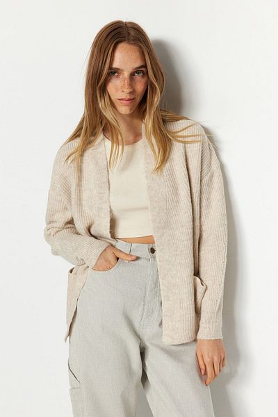 Trendyol Collection Stone Wide Fit Soft Textured Pocket Detailed Knitwear Cardigan TWOAW24HI00133