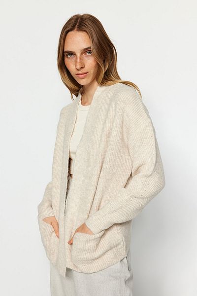 Trendyol Collection Stone Wide Fit Soft Textured Pocket Detailed Knitwear Cardigan TWOAW24HI00133