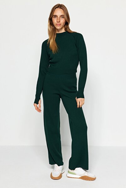 Trendyol Collection Emerald Green Crop felső és lábujj részletes kötöttáru felső és alsó készlet TWOAW24AU00033