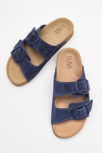 LuviShoes CHAMB شبشب نسائي من الجلد الطبيعي باللون الأزرق من قماش الدنيم