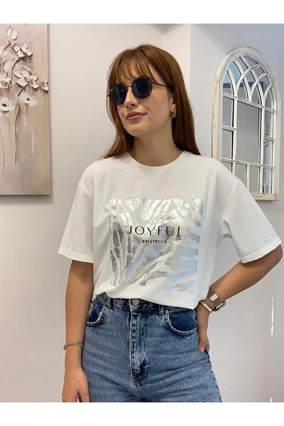 Mzr Collection Tricou cu imprimeu Joyfull cu imprimeu argintiu