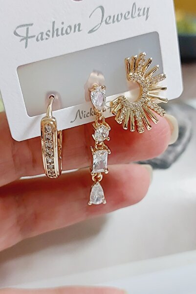 SEVİLLE AKSESUAR ÖZEL SERİ UZUN BAGET TAŞ DETAY GOLD 3LÜ SET KÜPE