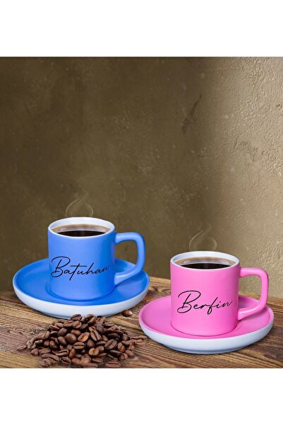 Bk Gift Kişiye Özel İsimli Pembe ve Mavi Renk İkili Türk Kahvesi Fincan Seti-...