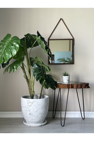 odka Büyük Boy Saksı Tabaklı H:38cmx40cm Beyaz -siyah Mermer Desenli