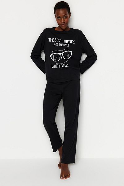 Trendyol Collection Set pijama tricotată din bumbac negru-pantaloni THMAW24PT00015