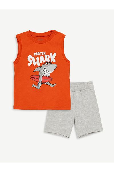 LC Waikiki Crew Neck Printed Undershirt and Shorts 2 Piece Set for Baby Boy
