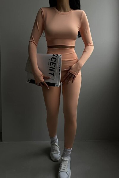 bayansepeti Orange Long Sleeve Crop Leggings Double Set 5036