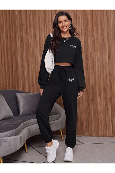 Machetta Plus Size Women's Angel Print Detailed 3 Thread Crew Neck Bottom-Top Tracksuit Set