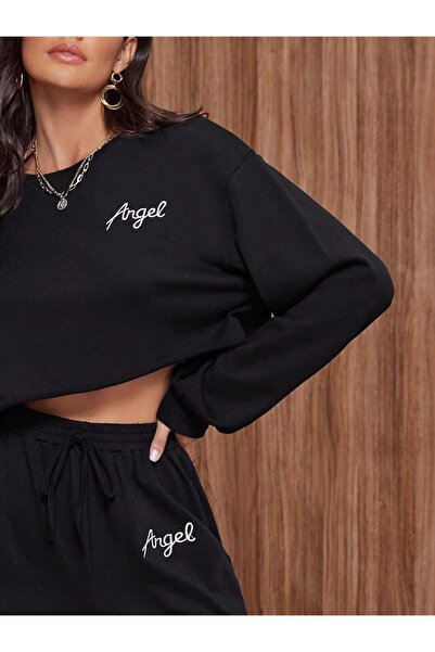 Machetta Plus Size Women's Angel Print Detailed 3 Thread Crew Neck Bottom-Top Tracksuit Set