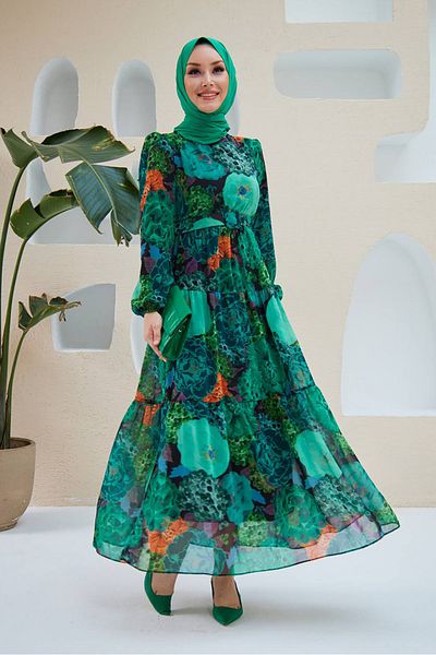 Neşeli Butik Γυναικείο φόρεμα Hijab Chiffon με πράσινη ζώνη - Sms025