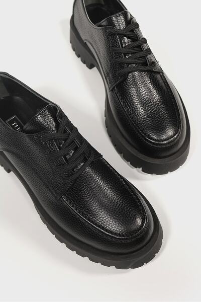 TUNAELLİ PANTOFI OXFORD CU ȘANȚURI, NEGRE, PIELE NATURALĂ, PENTRU FEMEI