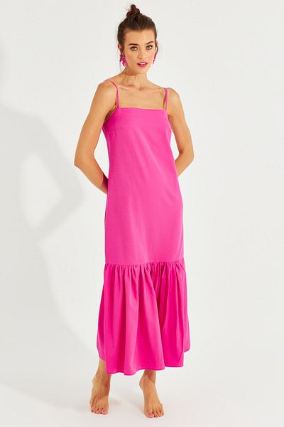 Cool & Sexy Women's Fuchsia Skirt Flounced Strap Midi Dress MEN2001